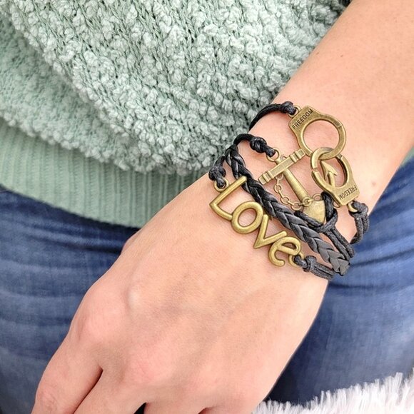 3/$20 Inspirational Black Stack Bracelet Love Anchor Freedom Hand Cuff - Picture 8 of 10